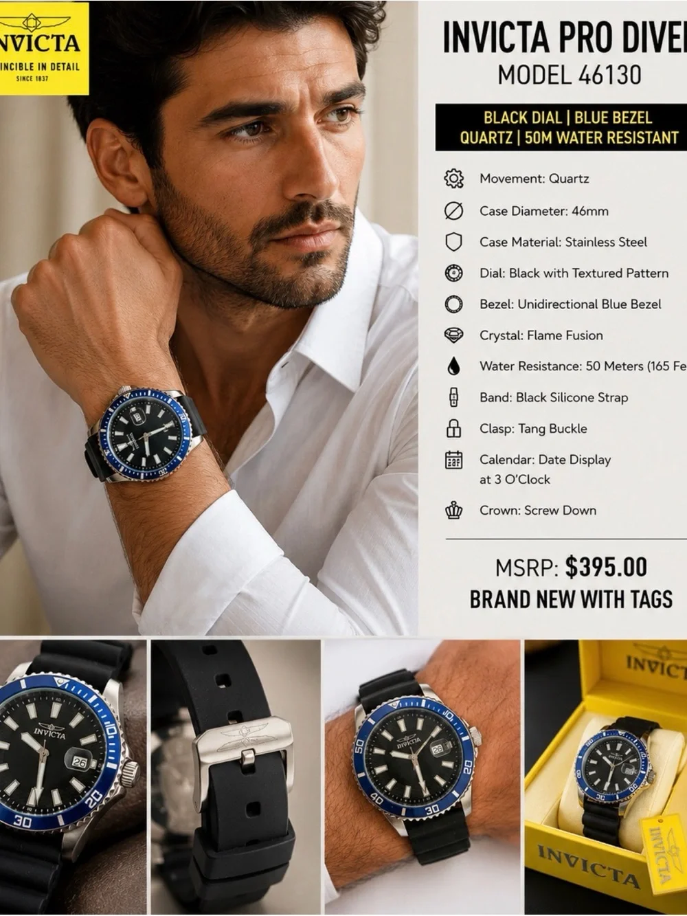 Invicta Pro Diver 46130 Men’s Black Dial Blue Bezel Quartz Watch | New with Tags